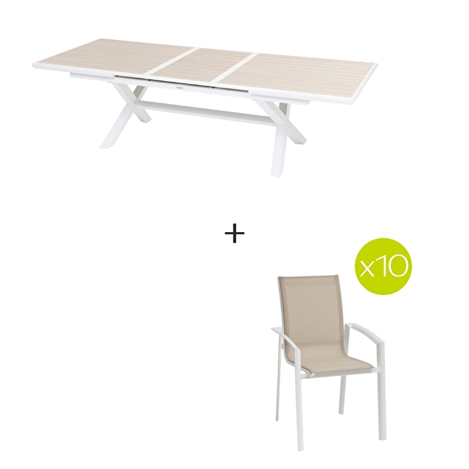 Ensemble table de jardin extensible AXIOME Effet bois + 10 fauteuils AXANT Lin & Blanc
