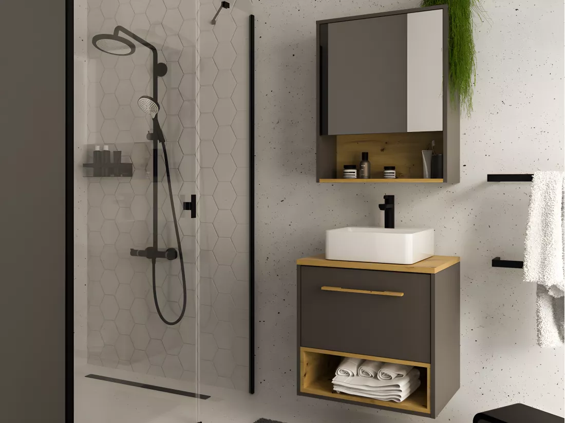 Meuble de salle de bain suspendu anthracite avec vasque à poser - 60 cm - YANGRA