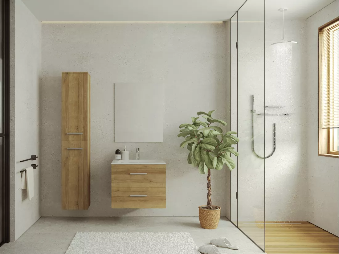 Meuble de salle de bain suspendu simple vasque avec colonne de rangement - Coloris naturel clair - 60 cm - KAYLA