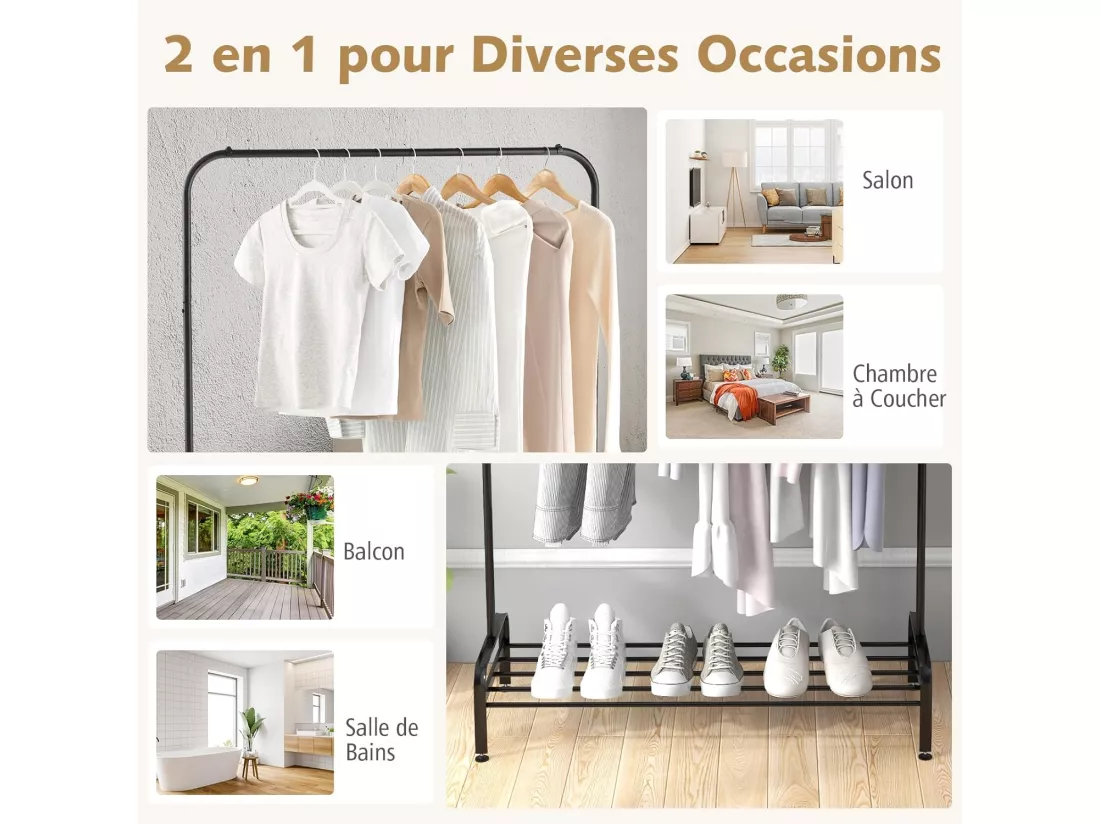 Portant à Vêtement avec Étagère de Chaussures, Penderie Vêtement Hauteur 145CM, Tube en Fer, 4 Pieds Réglables, Portique Vêtement pour Chambre, Salon, Noir