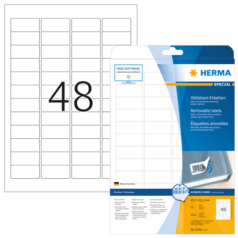 Herma Etiketten wiederablösbar, 4346, 45.7 x 21.2 mm, 25 Blatt