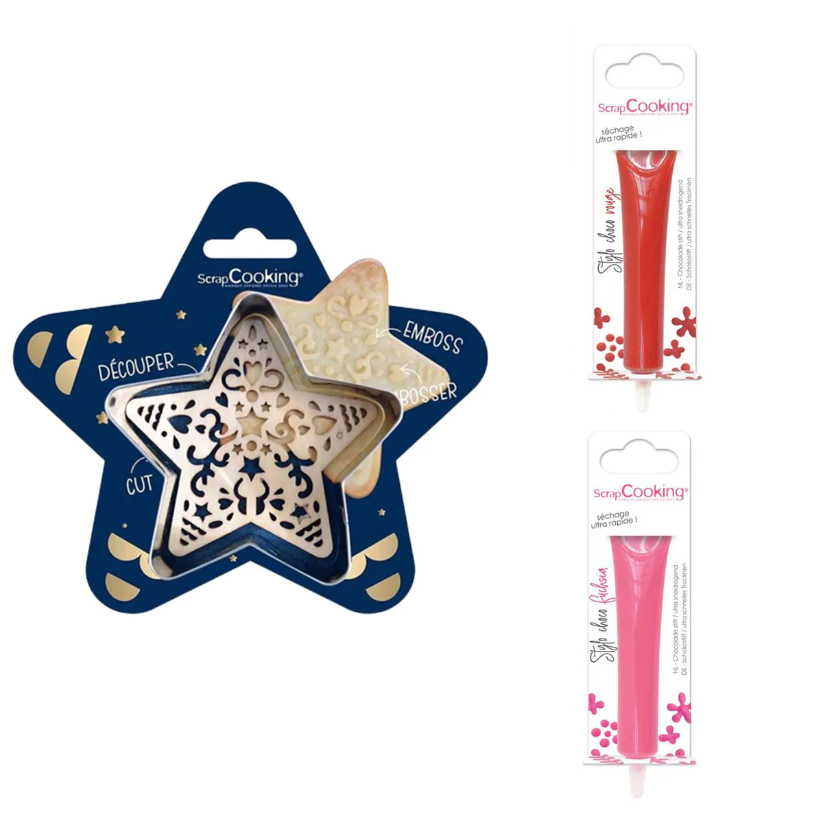 Kit pour biscuit en relief Étoile + 2 Stylos au chocolat rouge et fuch