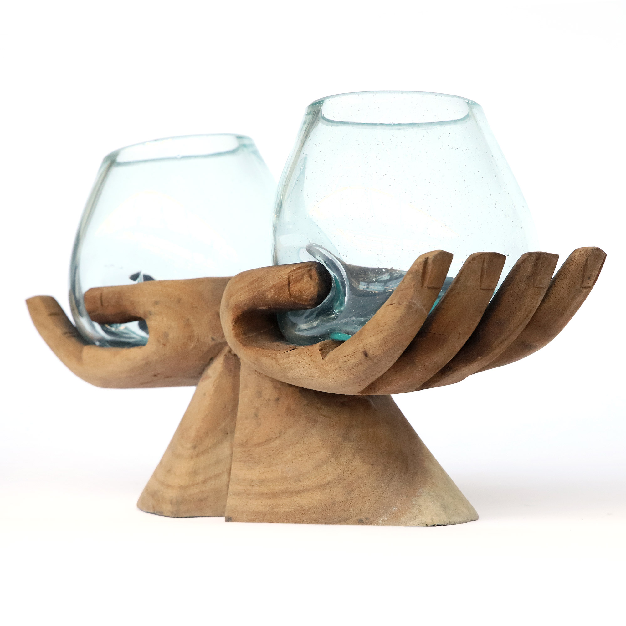 Doppel-Glasvase auf 2 Händen, Suarholz, B 40 cm, H 23 cm, T 15 cm von fischer's lagerhaus