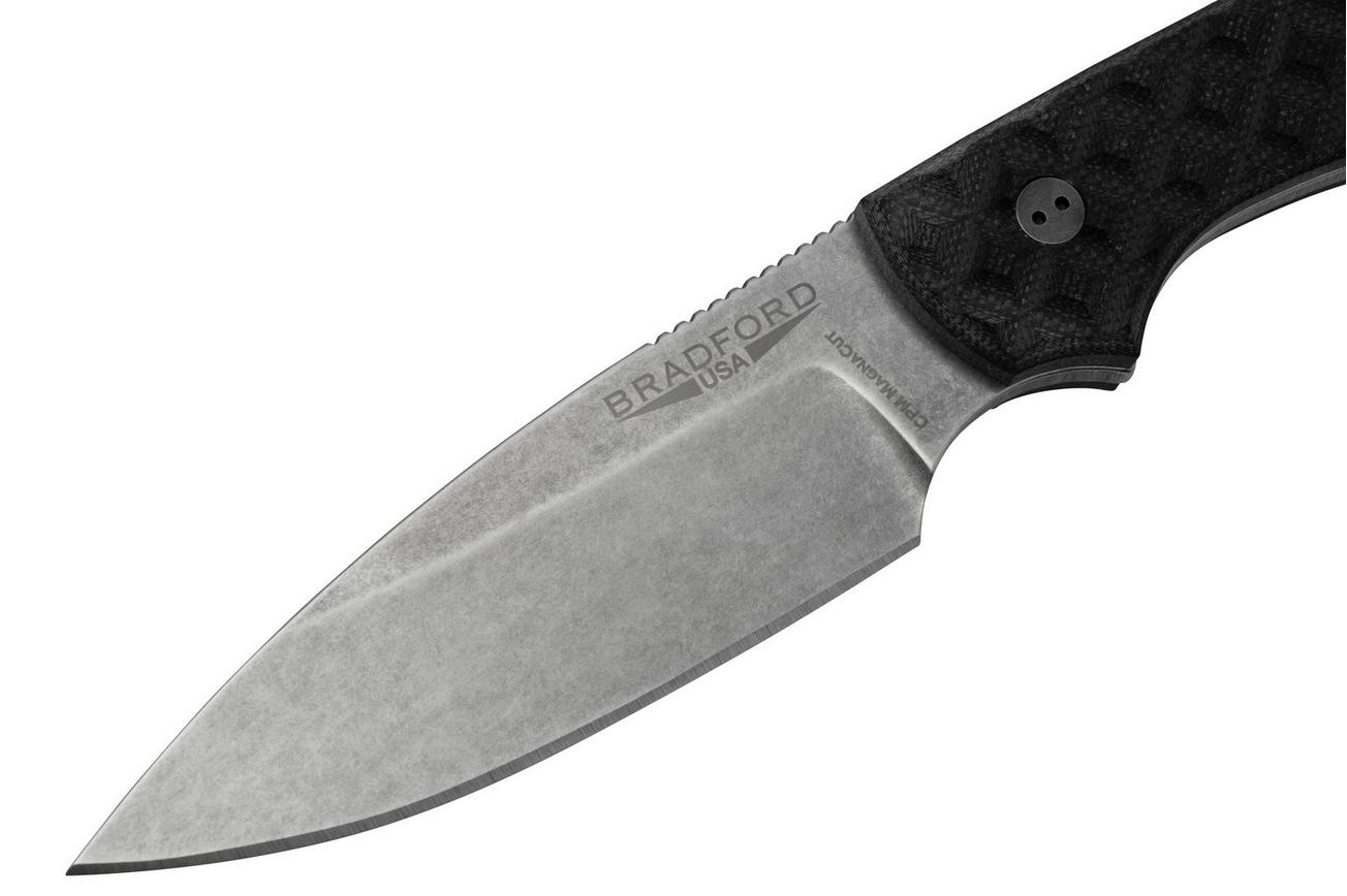 Bradford Knives Guardian 3, 3S-001-MC, Textured Black G-10, CPM-Magnacut, Sabre Grind, Stonewash Finish, vaststaand mes