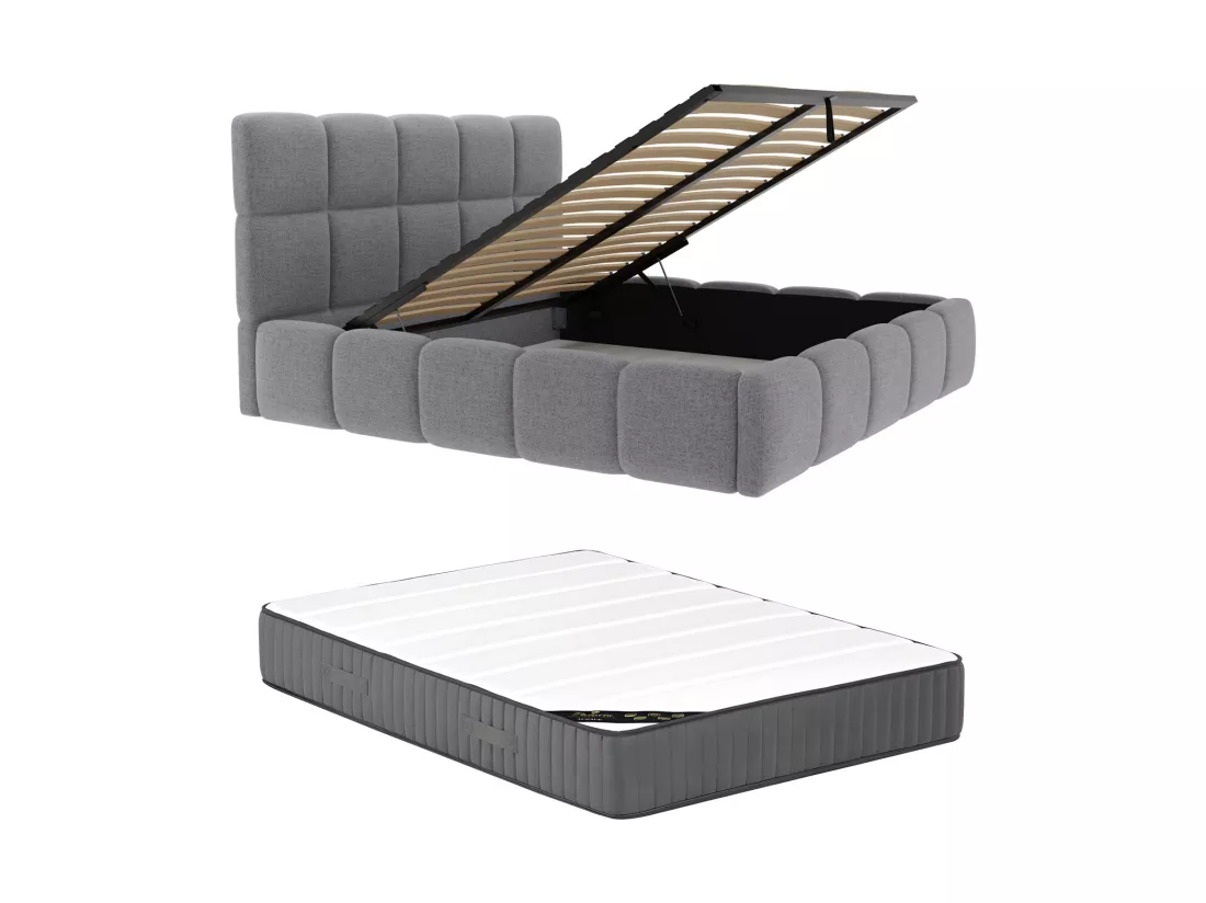 Lit coffre 160 x 200 cm - Tissu texturé - Gris + Matelas - DAMADO de Pascal Morabito