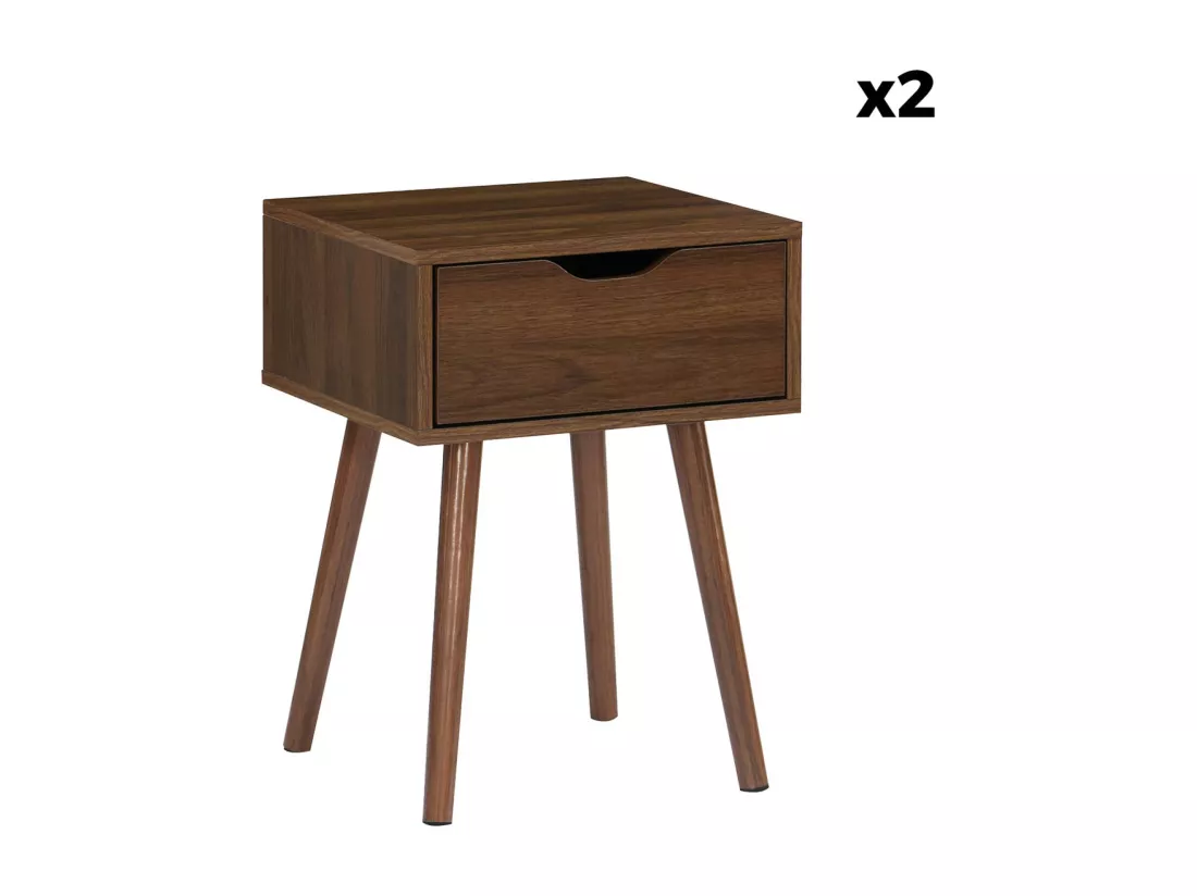 Lot de 2 tables de chevet décor bois teinté noyer. 1 tiroir