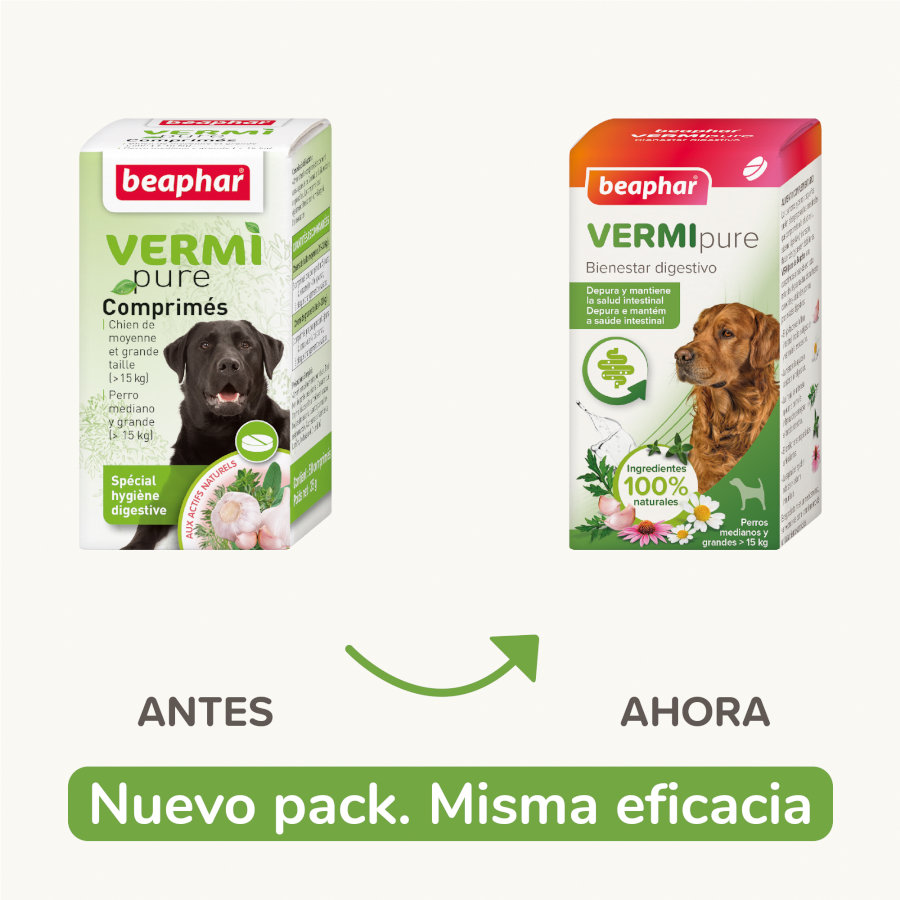 Comprimidos repelentes internos naturais Beaphar Vermipure para cães de porte médio e grande.
