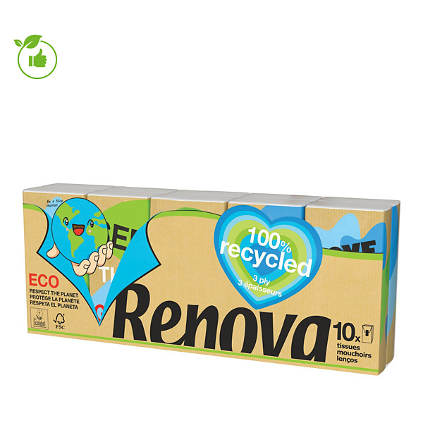 Mouchoirs Renova 100% recyclé, paquet de 10 étuis de 9 mouchoirs