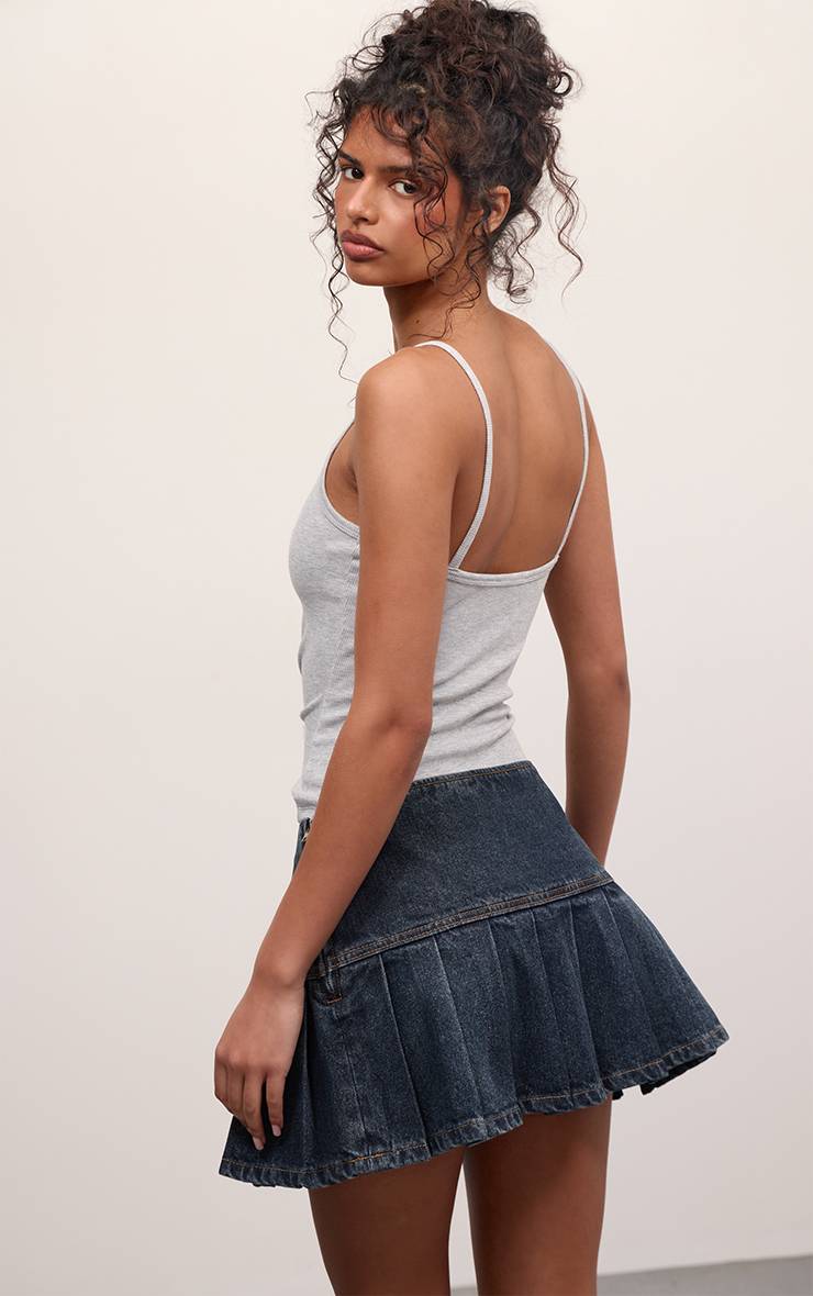 Délavage Vintage Mini-jupe Plissée En Denim Indigo Brut Taille Mi-haute