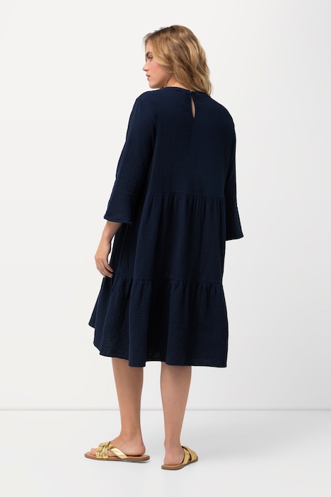 Musselin-Kleid, A-Linie, Tunika-Ausschnitt, 3/4-Arm
