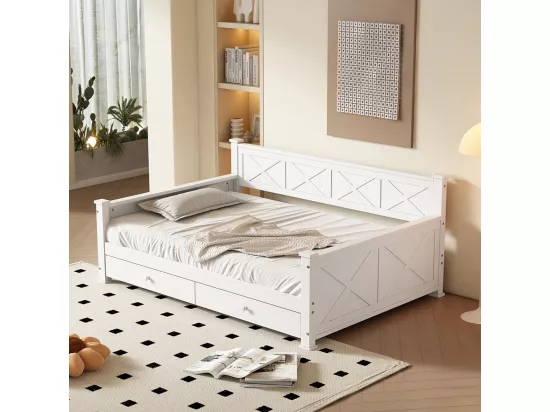 Lit simple, 90x200cm, Lit avec sommier à lattes (sans matelas), 2 tiroirs, Style minimaliste, Pin, Lit en bois, Blanc