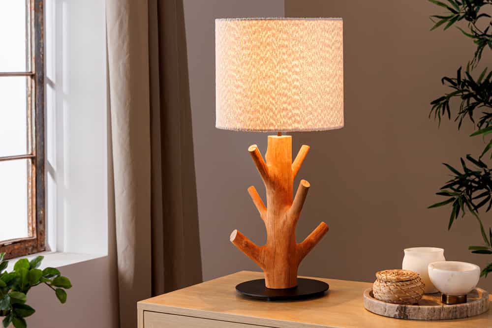 Massive Tischlampe JEWELRY 60cm natur Mangostanholz weißer Stoffschirm