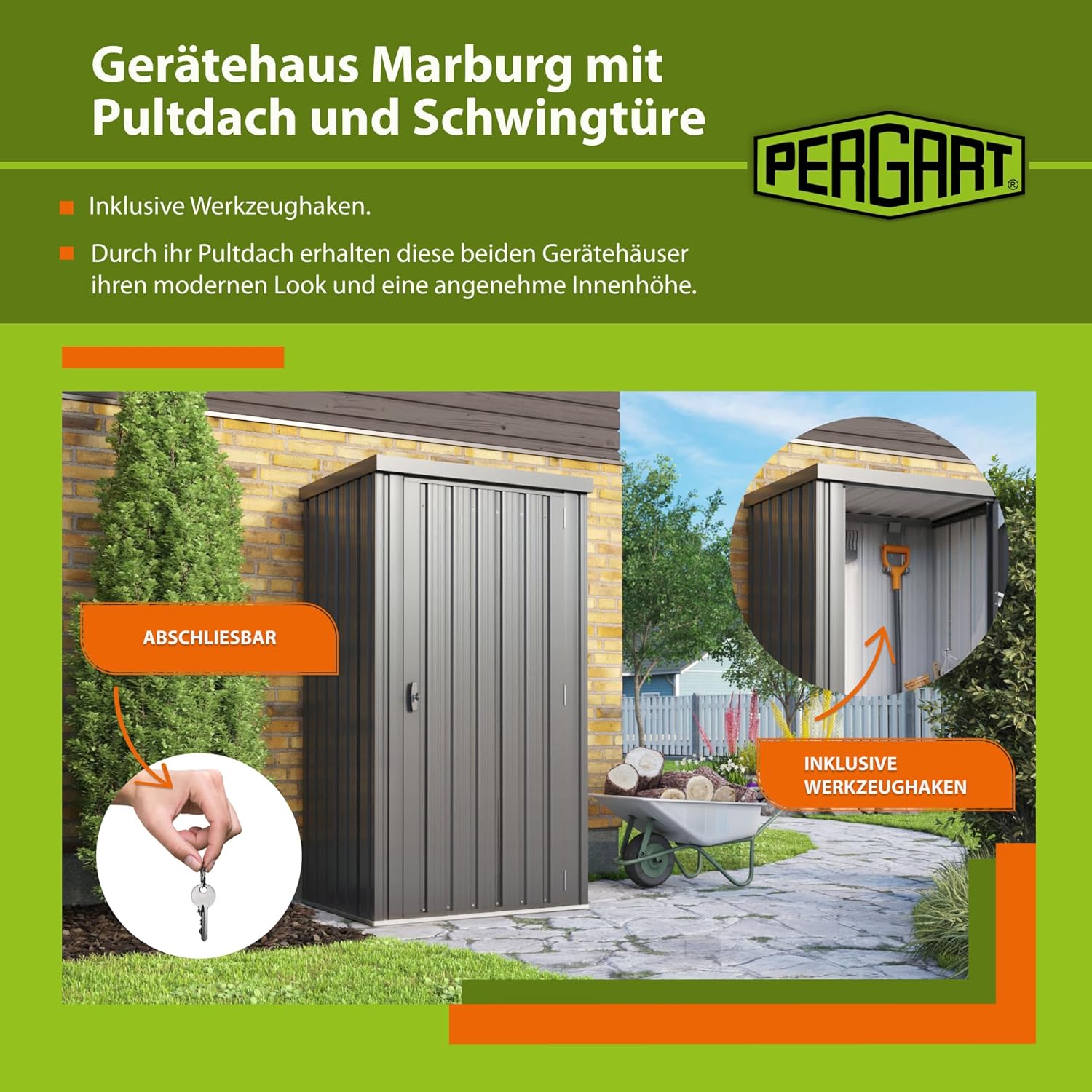 Gerätehaus Marburg | Metallgerätehaus mit Pultdach, Fundamentrahmen & Zubehör | Kompakte Maße 81 x 98 x 180 cm | Anthrazit Matt | Inkl. Türschloss, Werkzeughaken & Verankerungskits