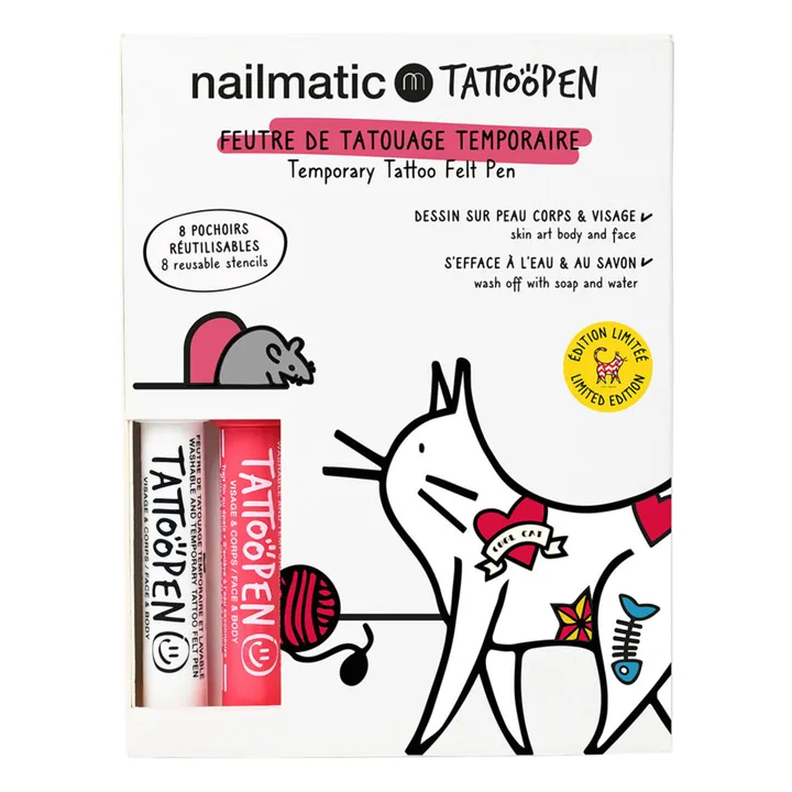 Nailmatic Kids Coffret duo Tattoopen & Pochoir Réutilisable Cat x AMI IMAGINAIRE