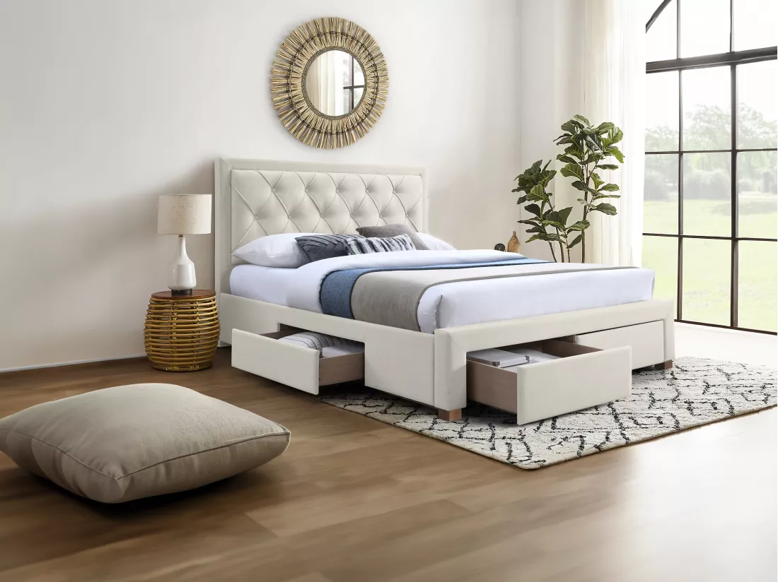 Lit avec tiroirs 140 x 190 cm - Tissu - Beige - LEOPOLD
