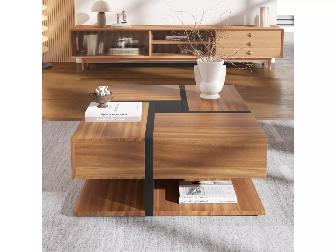 Table basse carrée haute brillance, avec 4 tiroirs, design uniques, espace de rangement en bas, 78x78x36cm naturel