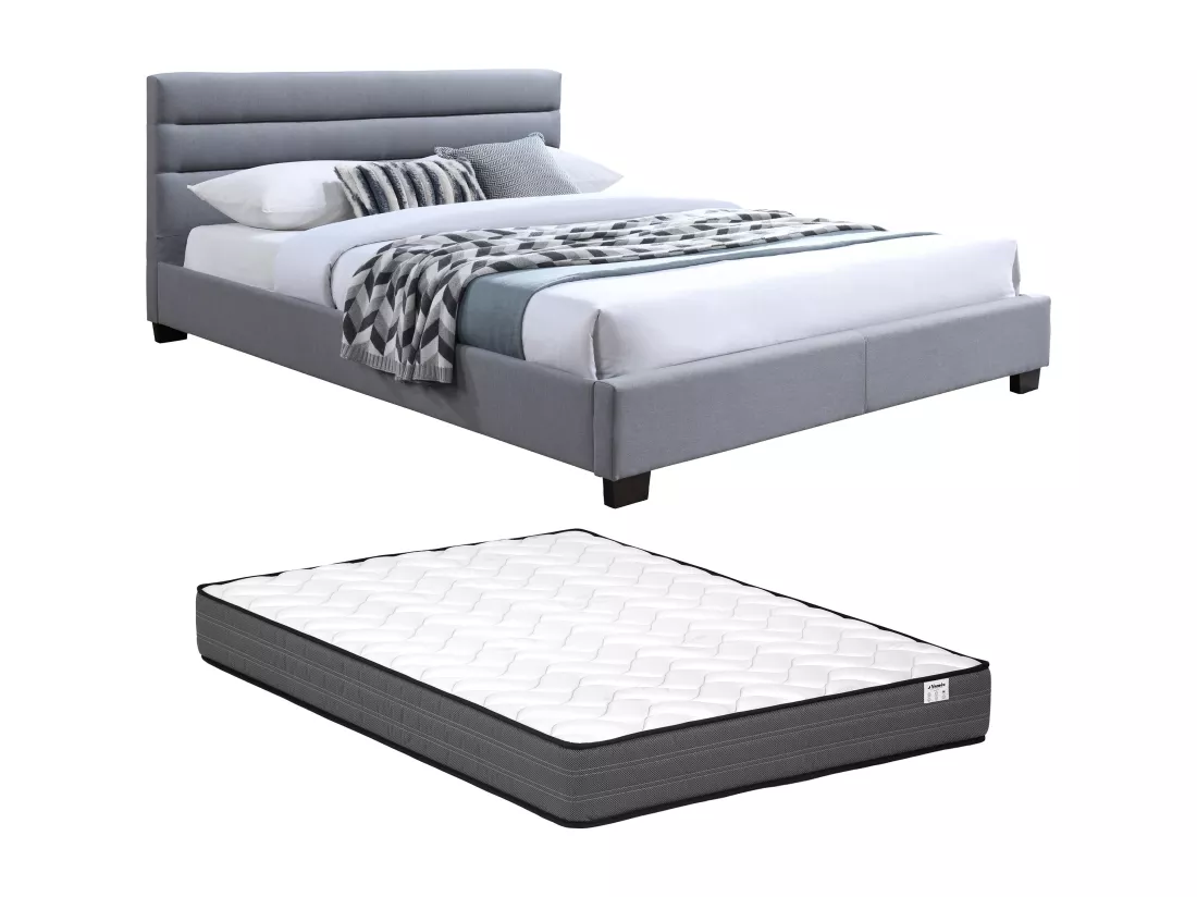 Lit 180 x 200 cm - Tissu - Gris + Matelas - FAUSTIN