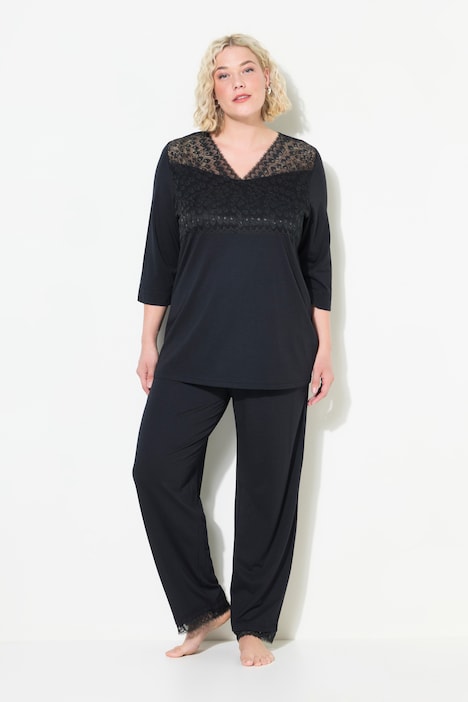 Pyjama, Spitzeneinsatz, V-Ausschnitt, 3/4-Arm