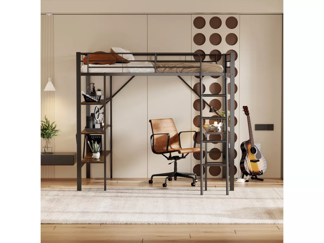Lit mezzanine avec bureau et trois grandes étagères pour enfants - 90 x 200 cm - métal noir