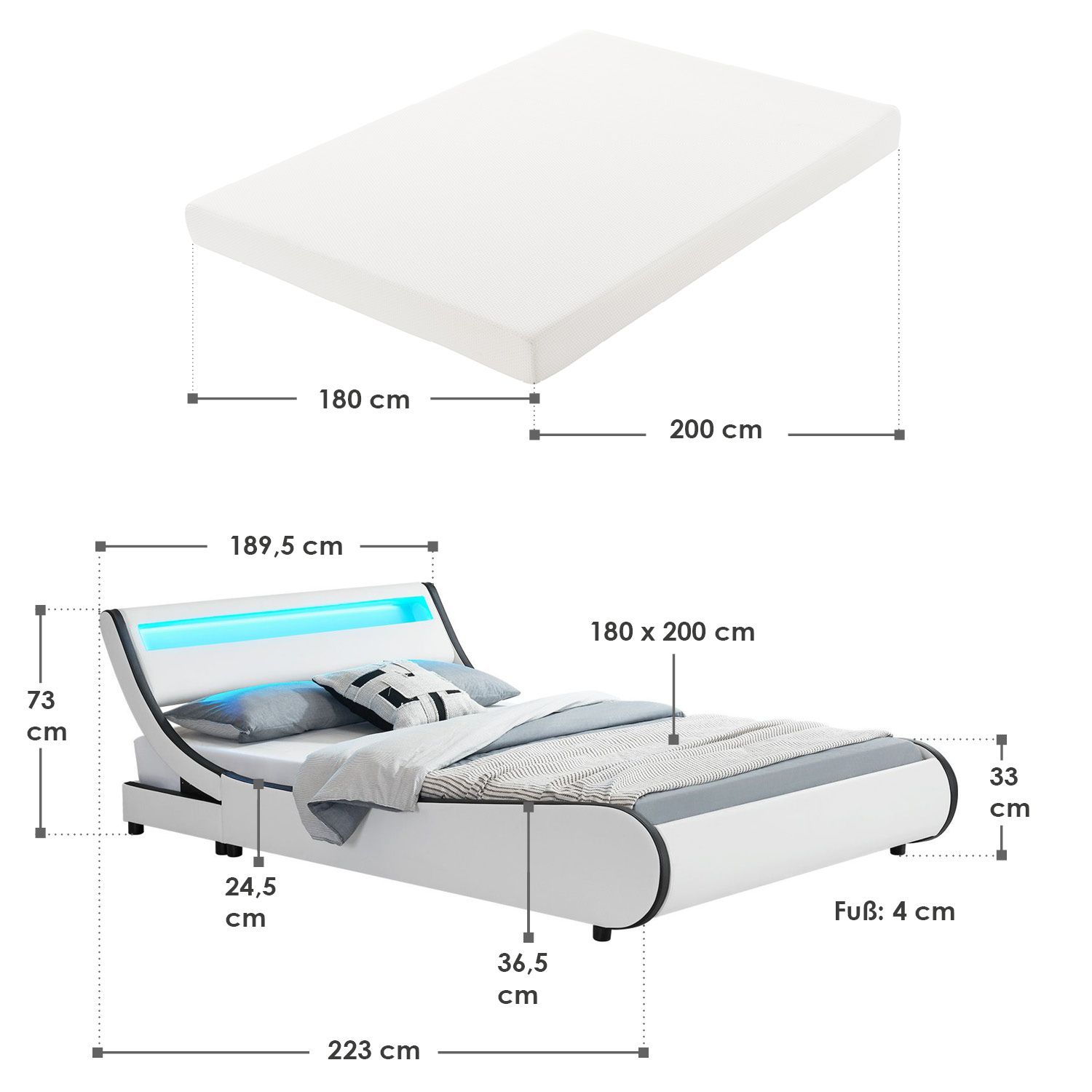 Juskys Polsterbett Bett Valencia 180 x 200 cm weiß mit Kaltschaummatratze Doppelbett mit LED