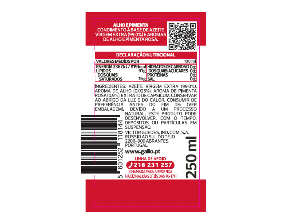 CONDIMENTO AZEITE GALLO VIRGEM EXTRA ALHO PIMENTA 250ML