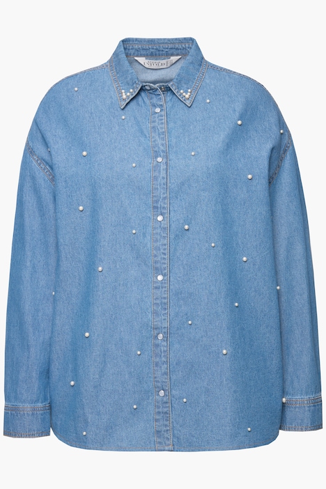 Jeanshemd, oversized, Zierperlen, Langarm
