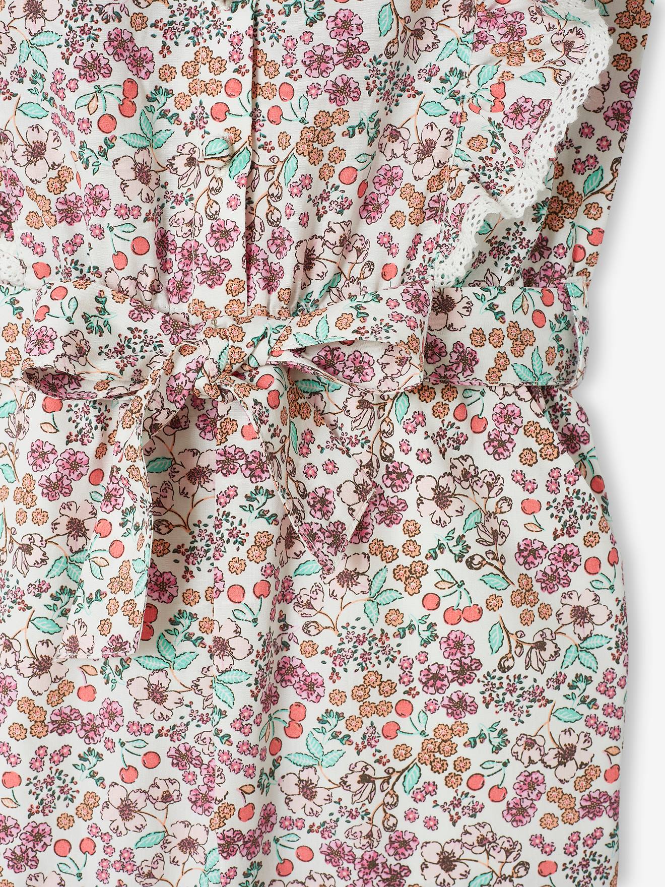 Macacão floral com babados, para menina, branco-creme