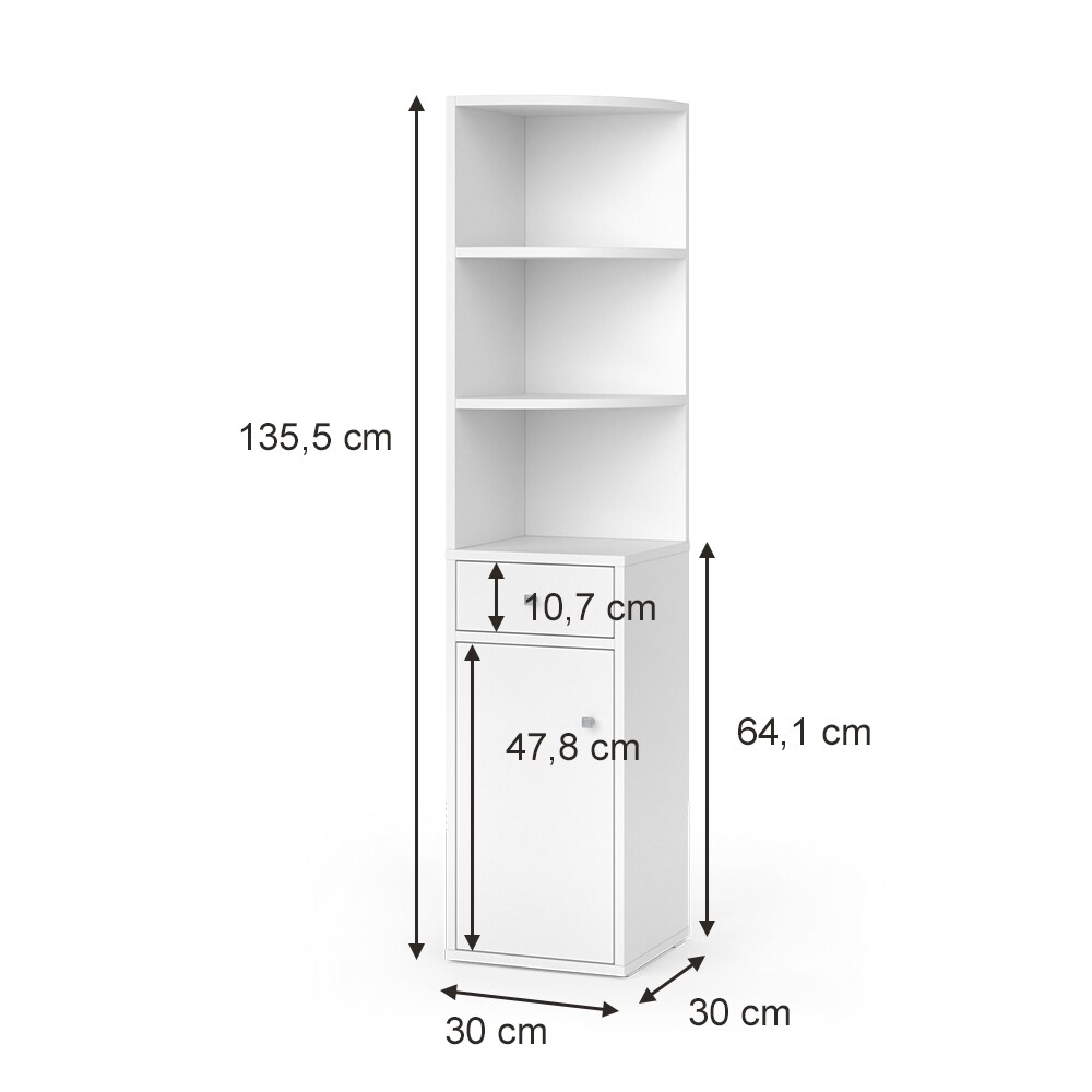 Vicco Eckregal Larry Weiß 30 x 135,5 cm mit Tür und Schublade
