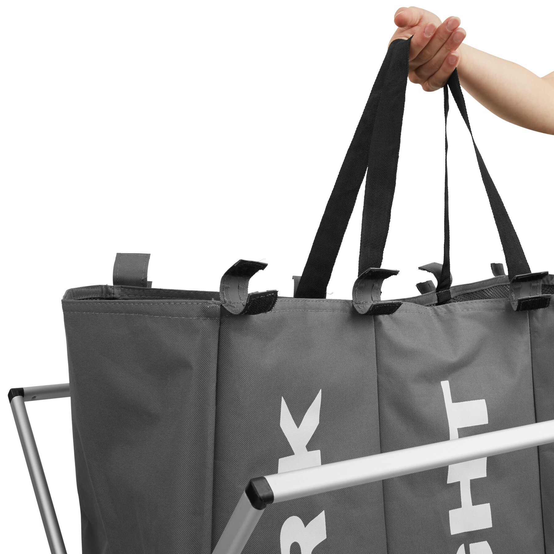 tectake® Wäschesortierer, mit Aluminiumgestell, herausnehmbareTasche mit 3 Fächern und 2 Trageriemen, inklusive Netzabdeckung, 65 x 37,5 x 56,5 cm