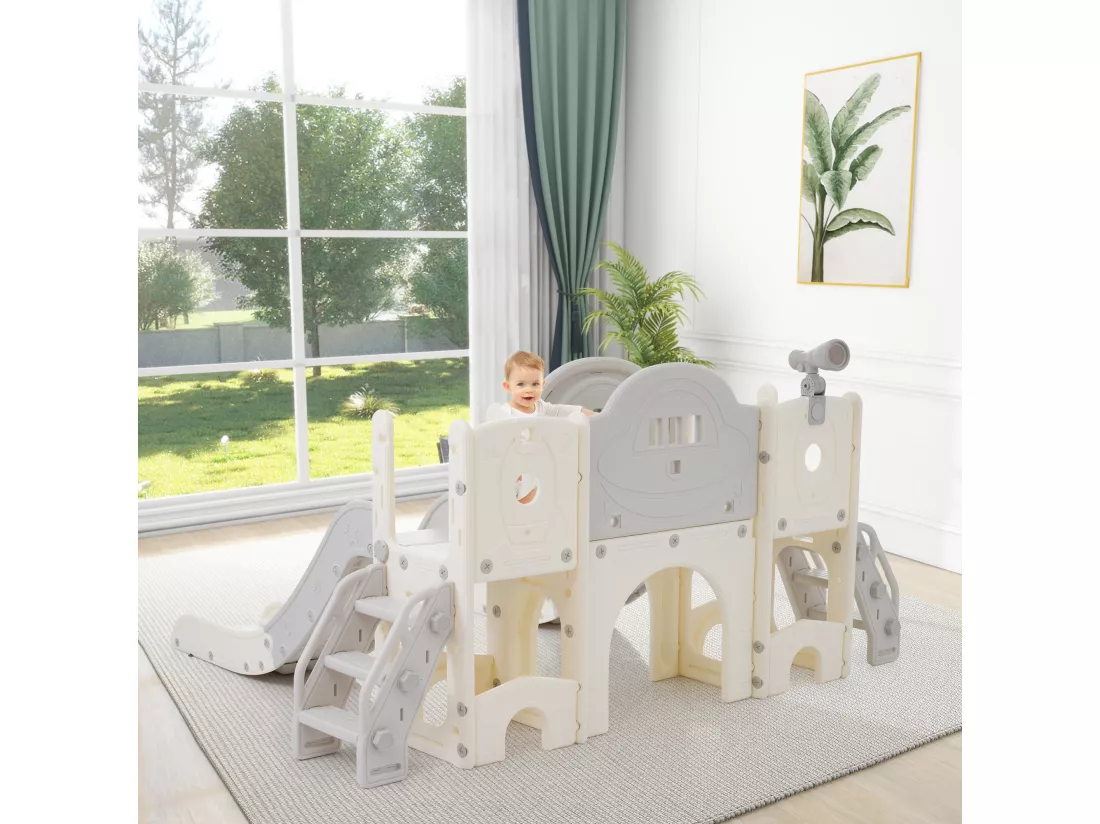 Aire de jeux pour enfants 8 en 1 avec toboggan, mur d'escalade, jeu de trous de forage, sol gris