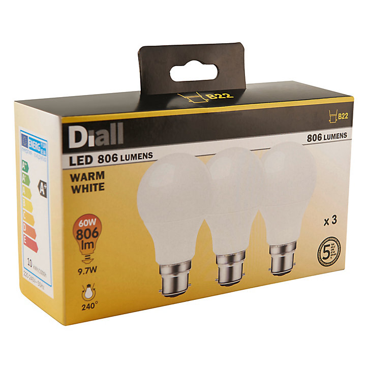 3 ampoules LED Diall GLS B22 9,7W=60W blanc chaud