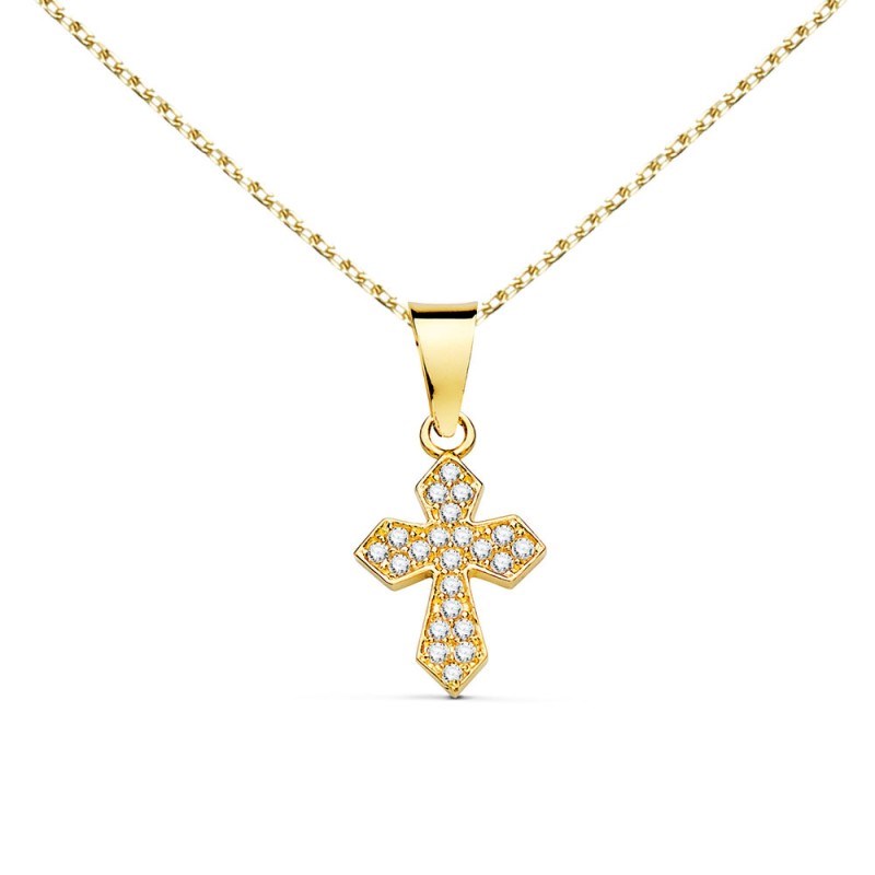 Collier - Médaille Croix Or 18 Carats 750/000 Jaune et Zirconiums - Chaine Dorée - 18PC22336OX