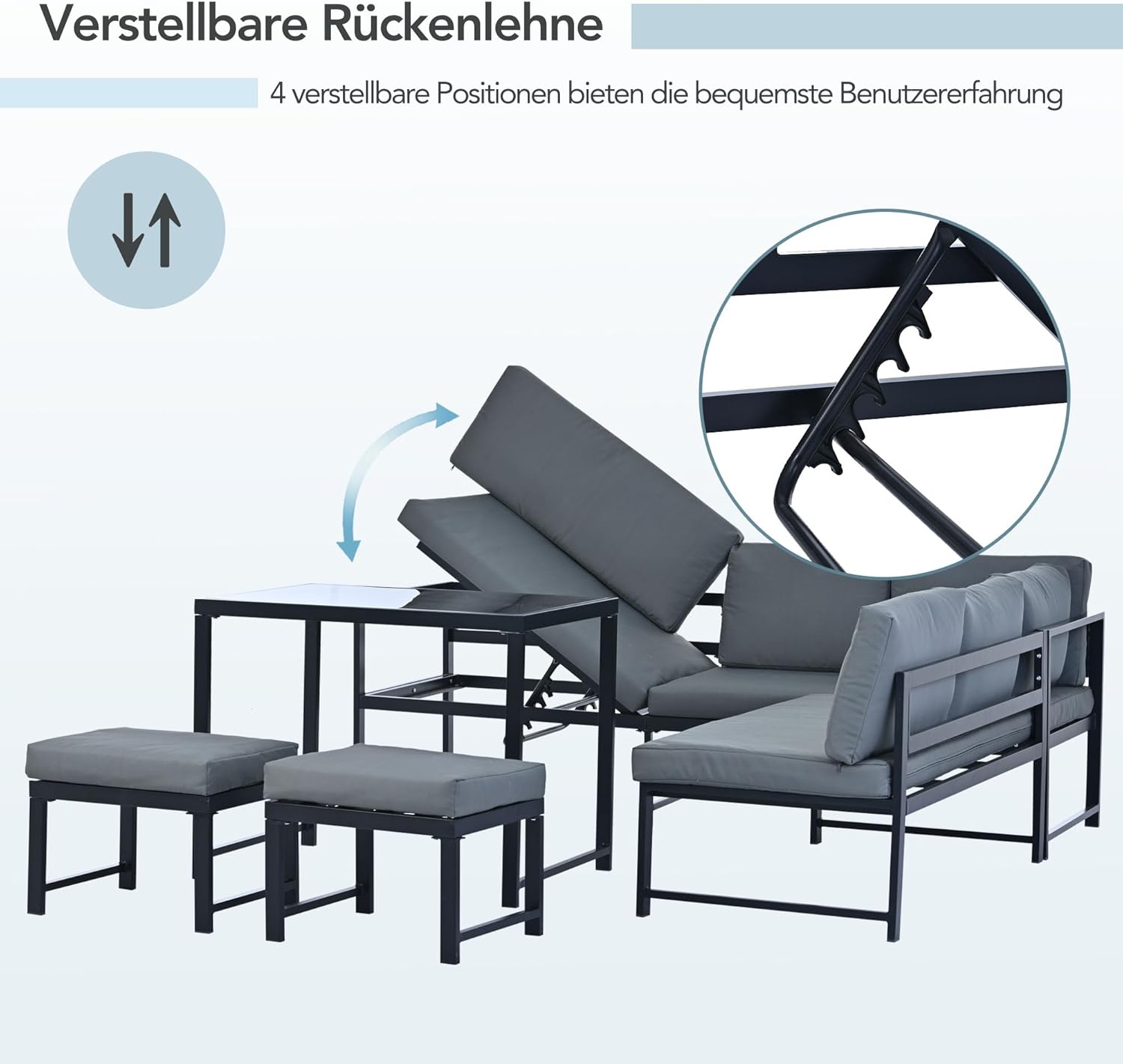 Merax Gartenlounge-Set 7 Sitzplätze, Garten-Freizeittisch- und Stuhlset,Aluminium Sitzgruppe für Garten Balkon, mit Vierter Gang verstellbare Rückenlehne, Tisch mit Sicherheitsglasplatte,Grau
