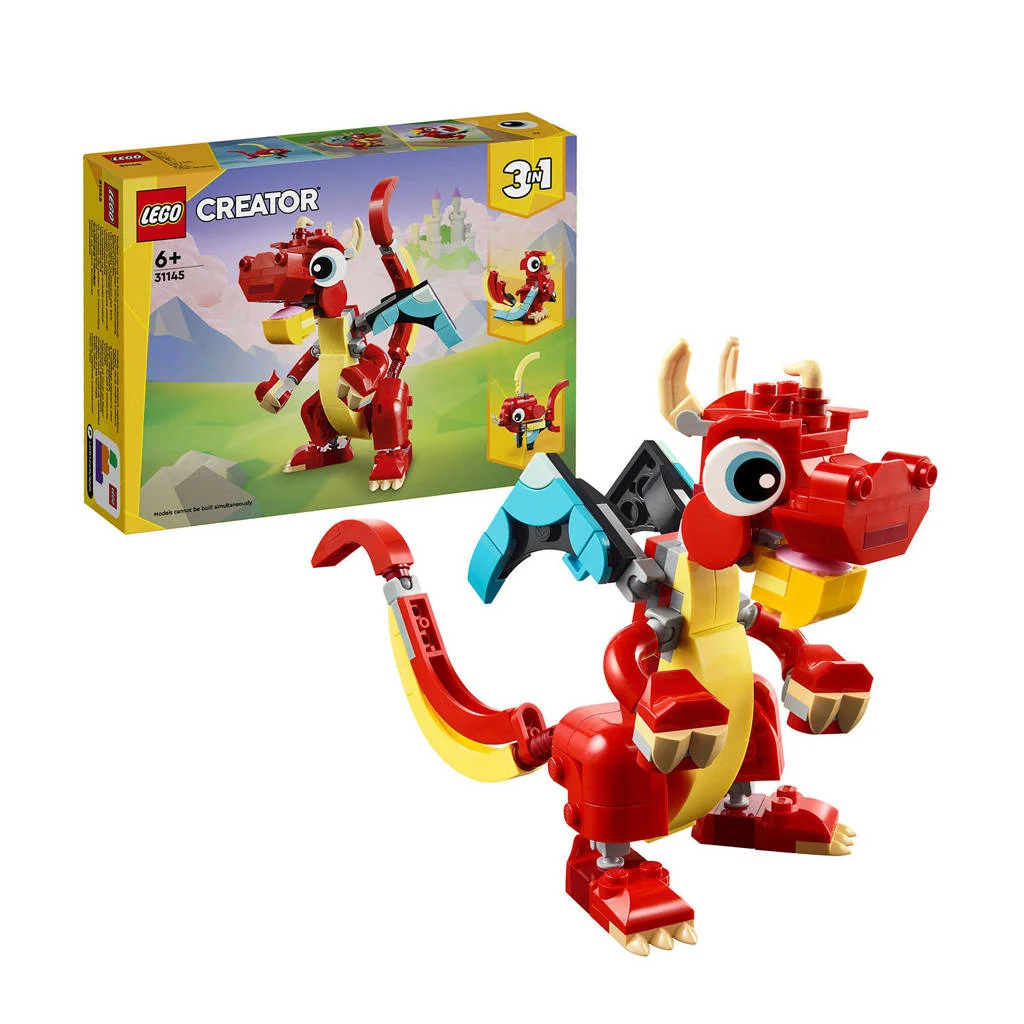 De rode draak3-in-1 Rode draak Speelgoed Dieren Figuren Set met Vis en Feniks 31145