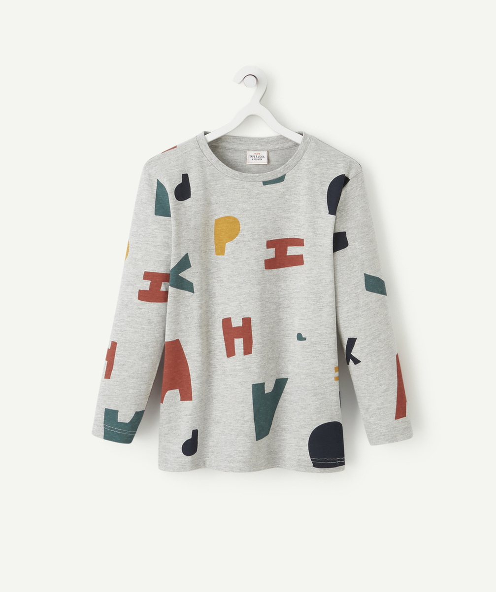 T-SHIRT GARÇON EN COTON BIO GRIS AVEC MOTIFS COLORÉS ET FLOQUÉS
