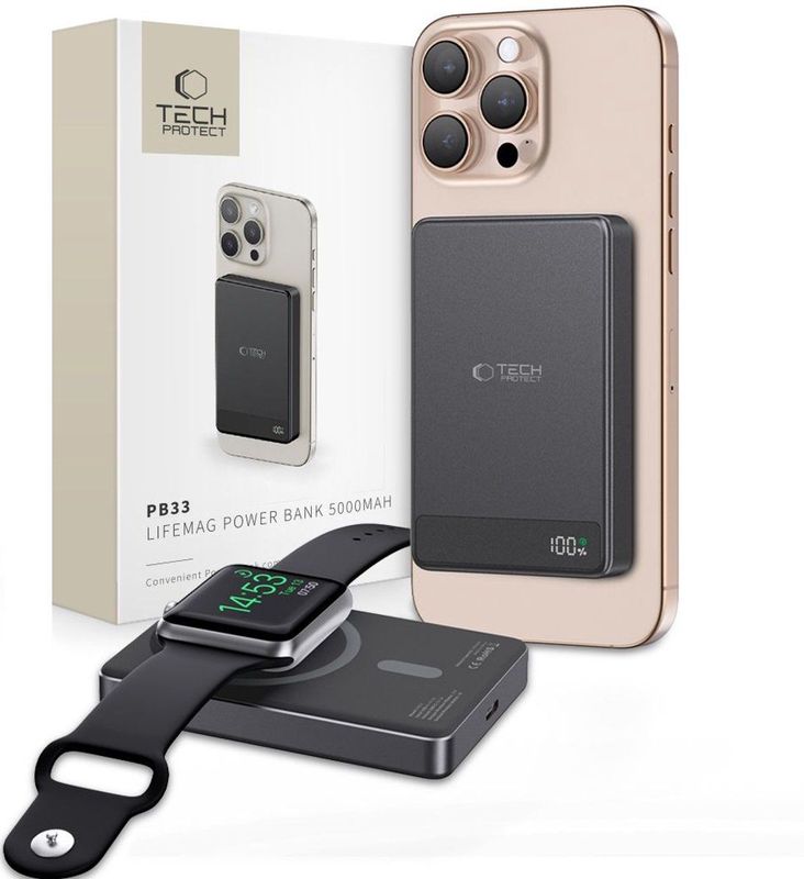 Tech-Protect - PB33 LifeMag - Powerbank - Zwart - 5000 mAh - 15 W