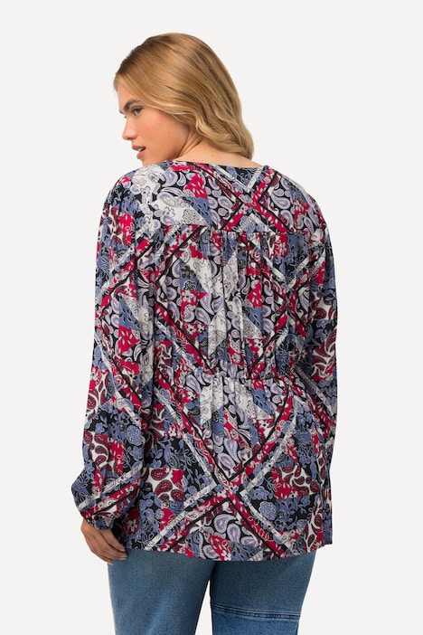 Bluse, Patchmuster, Schößchen, V-Ausschnitt, Langarm