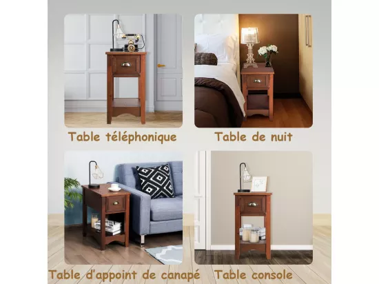 Table de Chevet avec Tiroir, Table d'Appoint Pieds en Bois d'Hévéa, Bout de Canapé Rétro pour Chambre, Salon, 56 x 33 x 58,5 cm (Brun rougeâtre, Lot de 2)
