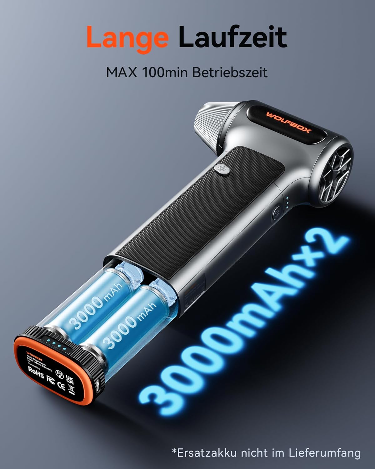 WOLFBOX MF200 Elektrisches Staubgebläse mit Akku, 3-stufiges Hochleistungs-Gebläse, langlebiger Air Duster mit 4 Düsen für PC, Auto, Haus und Outdoor