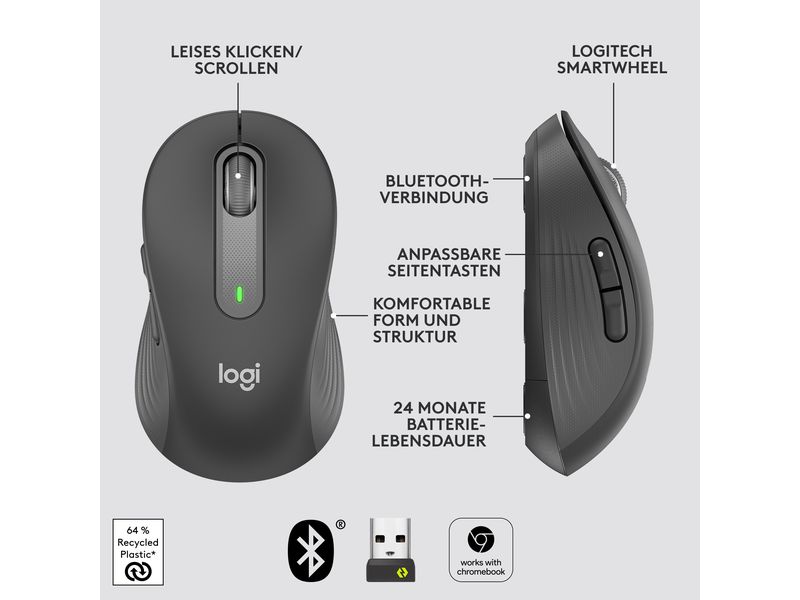 Logitech Maus Signature M650 Graphite Präzise Wireless-Maus mit «Logitech SilentTouch»-Technologie