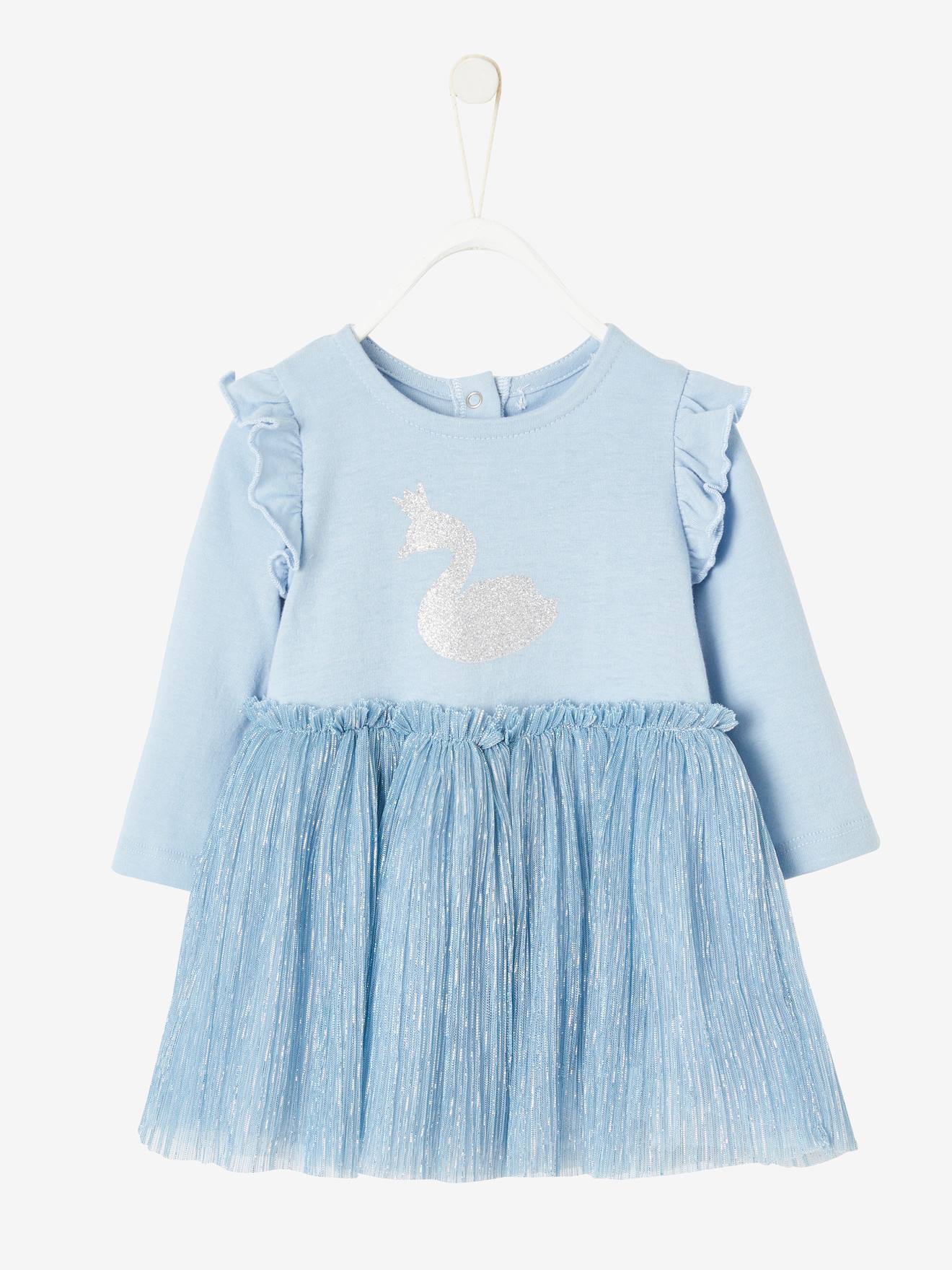 Vestido infantil 2 em 1, azul médio, liso com estampas.