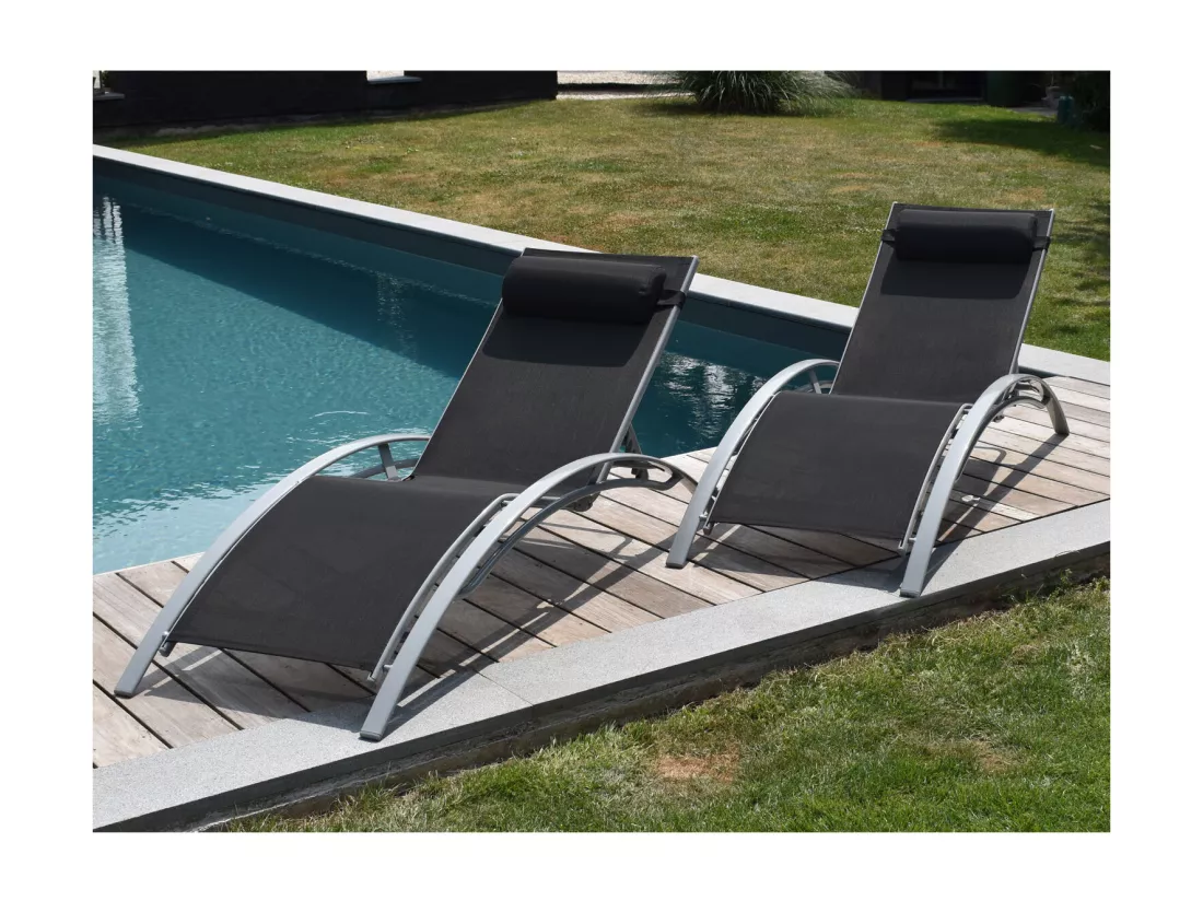 Lot de 2 transats GALAPAGOS en textilène noir - aluminium gris - HAPPY GARDEN