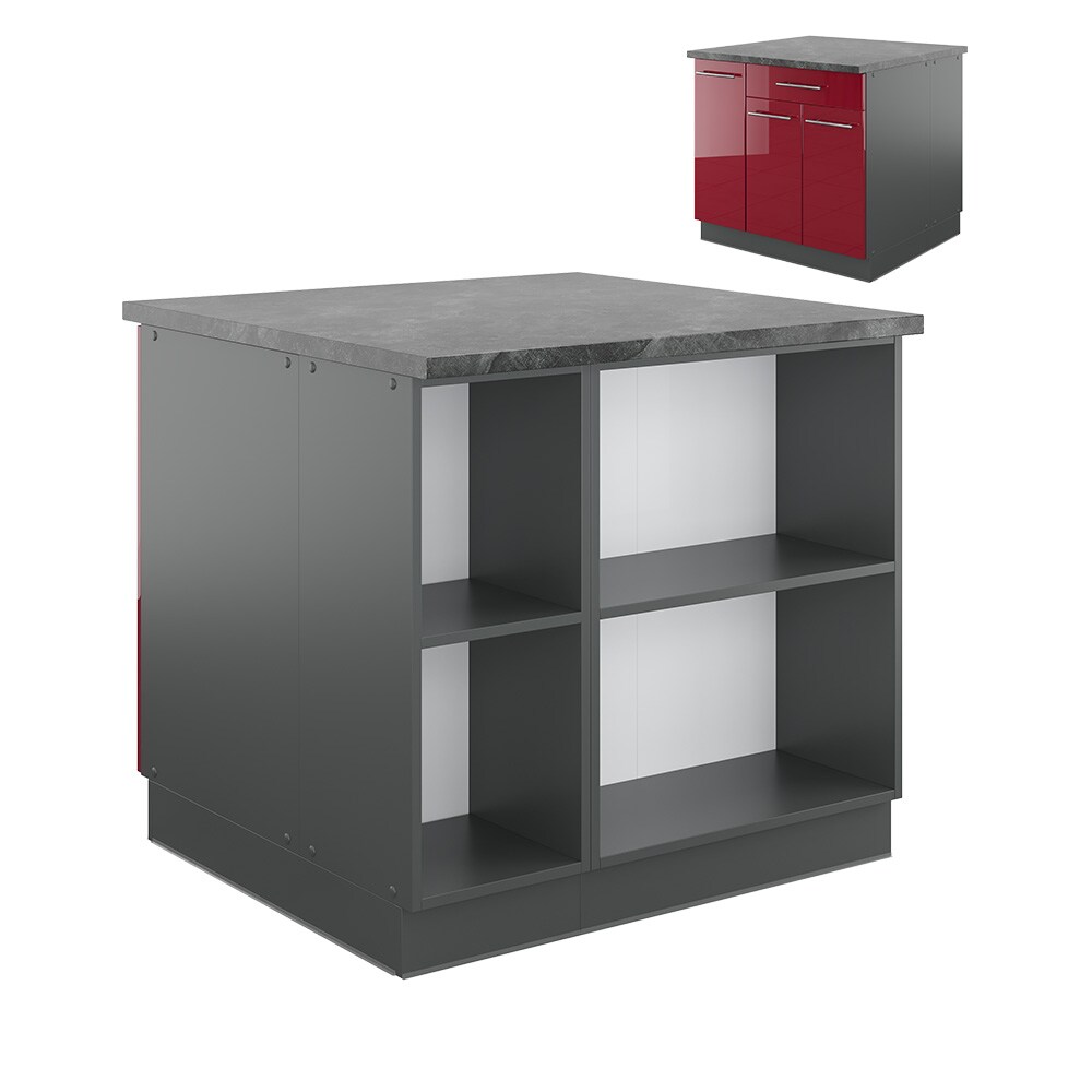 Vicco Kücheninsel Küchenblock Einbauküche Fame-Line Anthrazit Bordeaux Rot 90 cm modern Hochglanz Küchen Schränke Apothekerunterschrank Schubunterschrank Regalinselunterschrank Softclose-Scharnier Küchenmöbel