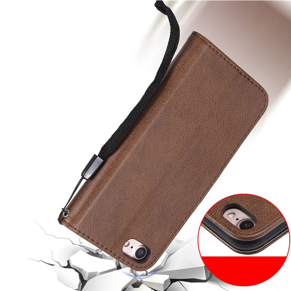 iPhone SE (2022/2020) / 8 / 7 Leder Tasche Flip Cover mit Kartenfach   Handschlaufe - Braun