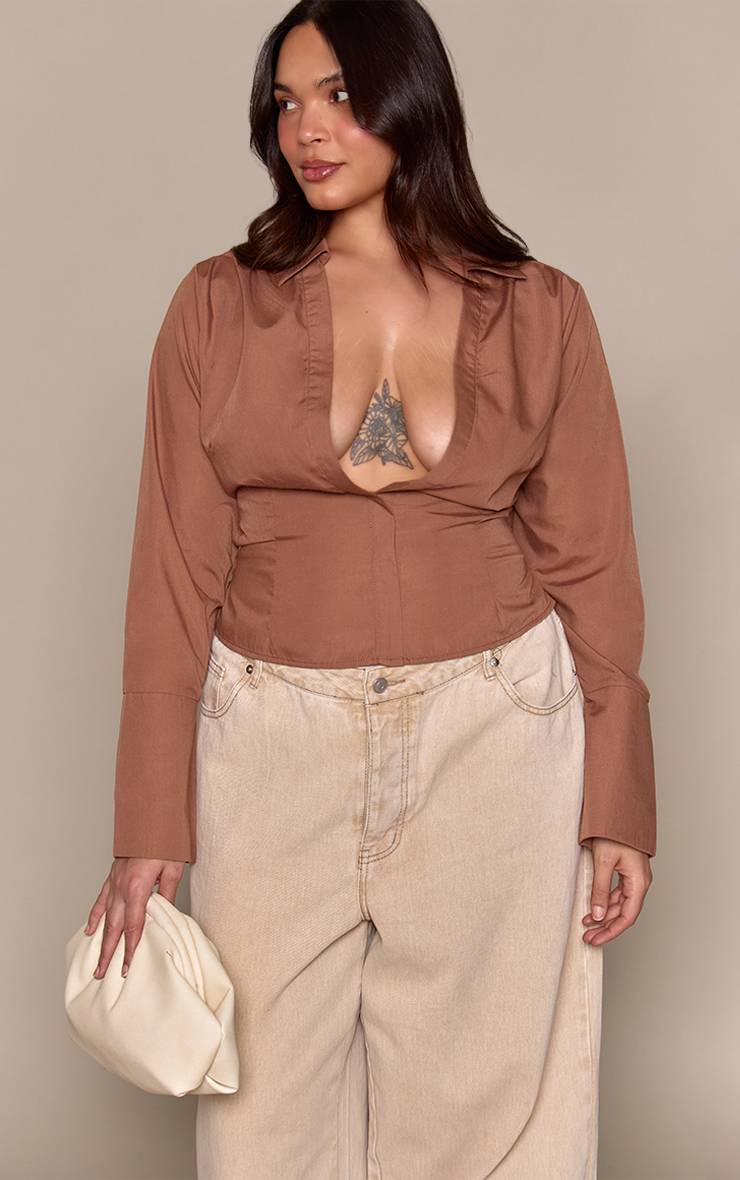 Chocolat Chemise Grande Taille À Taille Nouée Cintrée