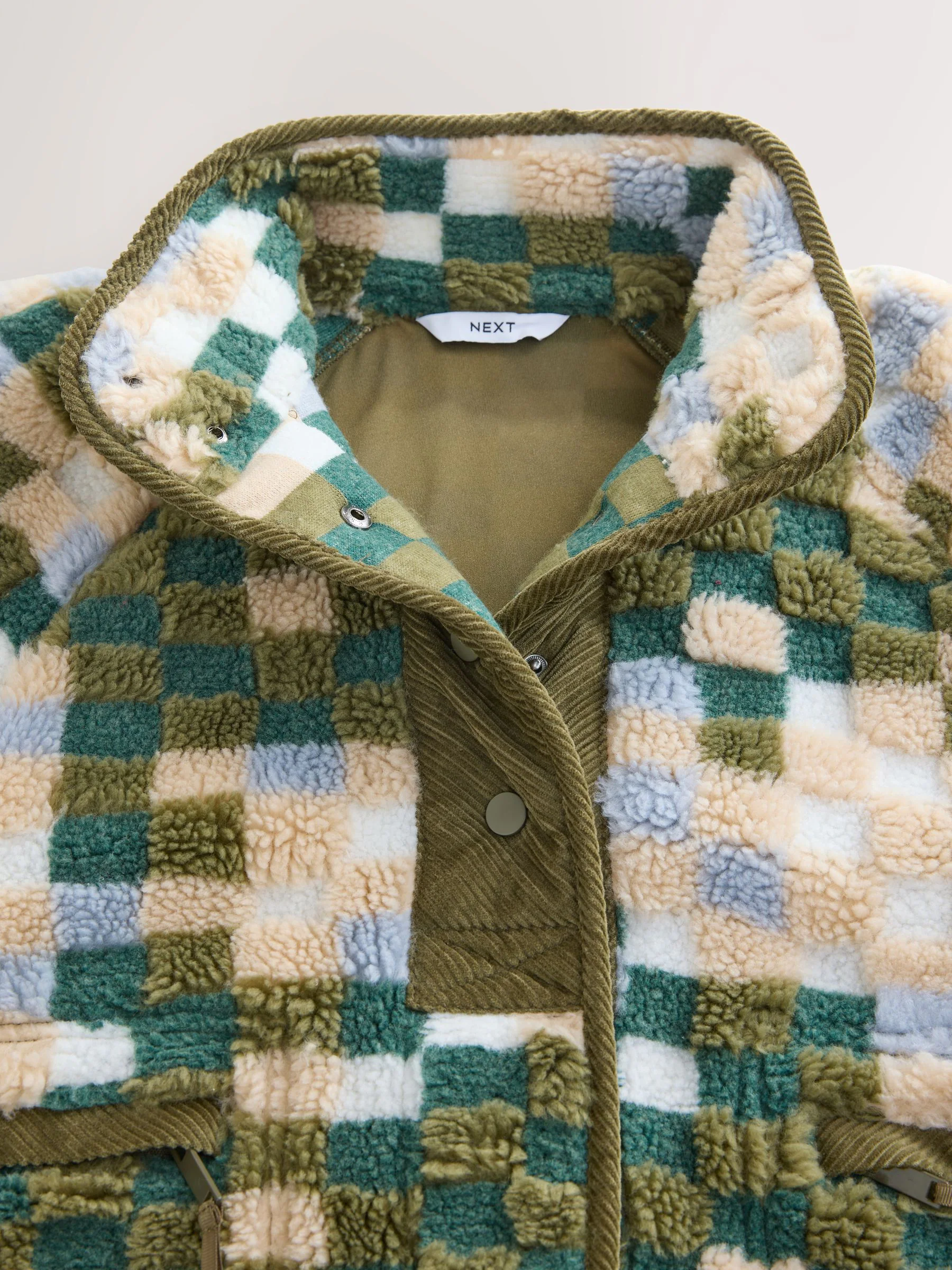 Groen ruit patroon - Behaaglijke teddy Borg mixgeweven fleece Jack met Knoopsluiting