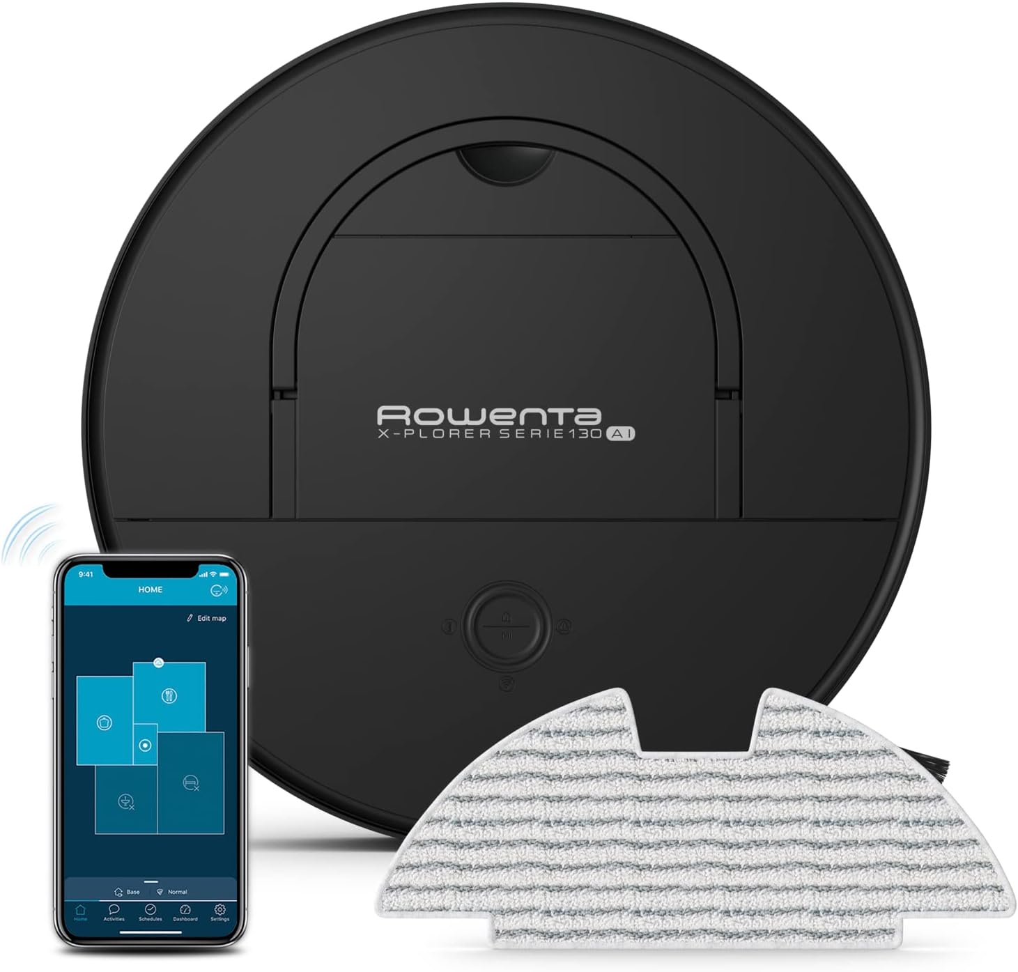 Rowenta X-Plorer Serie 130 AI, 4-in-1 Saugroboter mit Wischfunktion, Laser + Kamera-Navigationssystem, 4 Reinigungsmodi, 120 Min. Laufzeit, 3 Std. Ladezeit, 0,7 L Staubbehälter, schwarz, RR9065