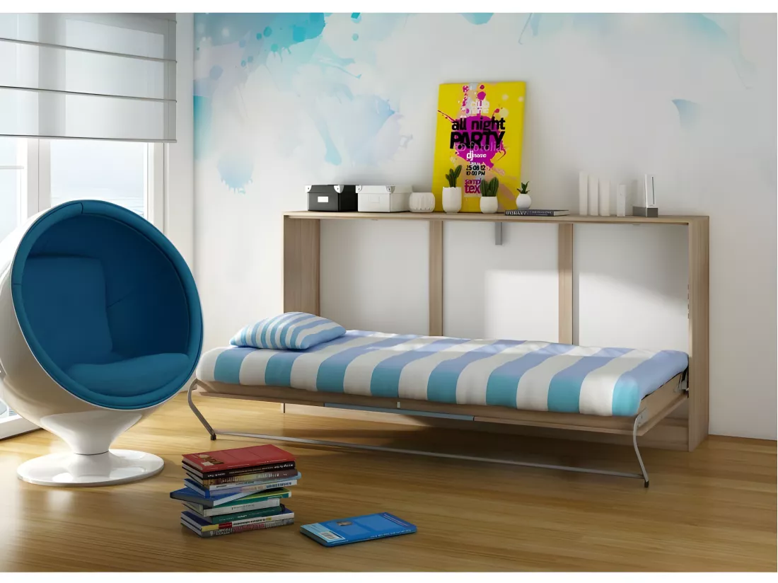 Armoire Lit escamotable Horizontal 90x200 cm avec étagères Sonoma bleu Lit Rabattable Lit Mural Roddy