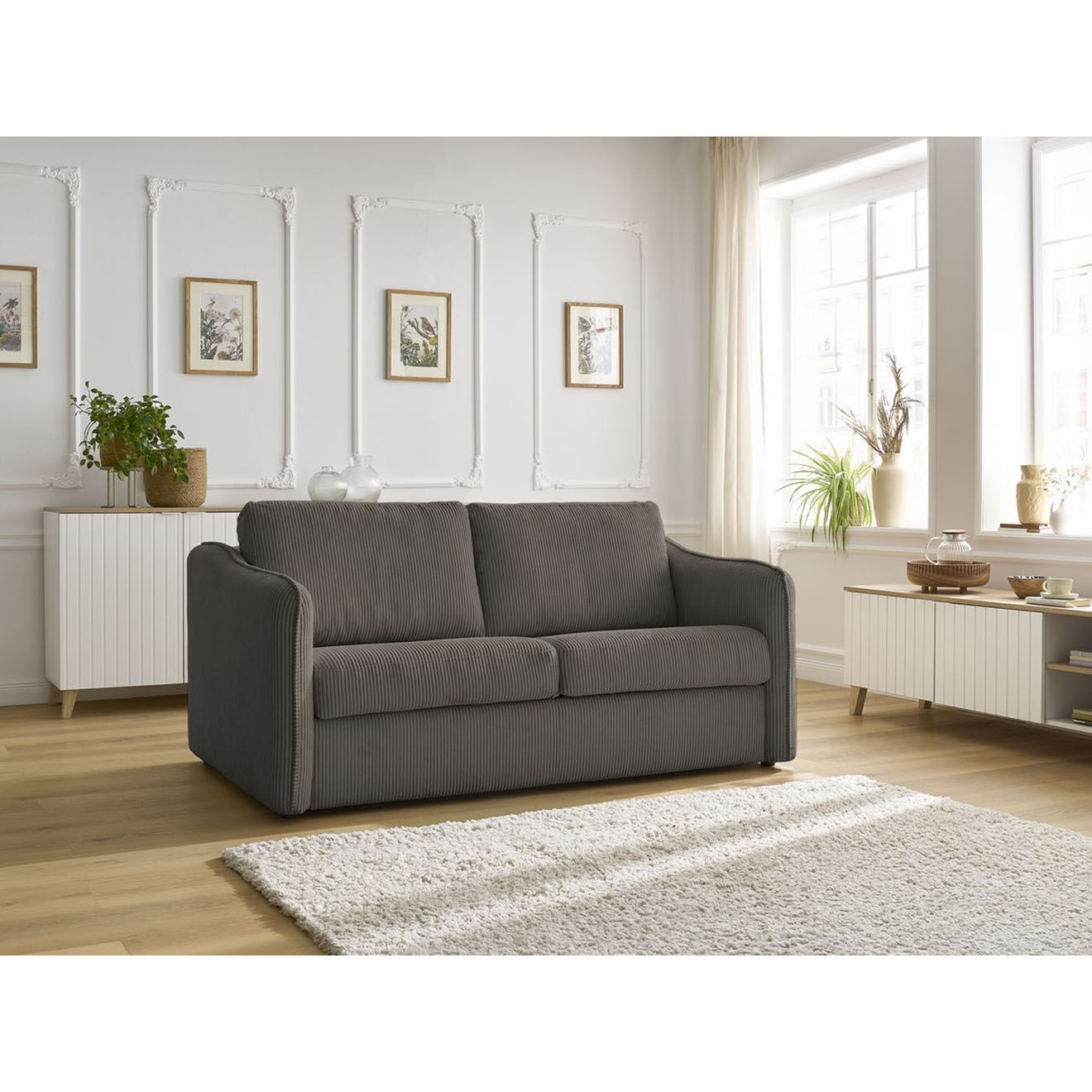 Bobochic Canapé droit convertible express en Velours côtelé 3 places Lenny taupe - 178x102x89 cm