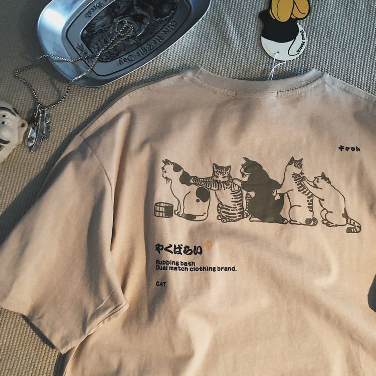 Rosesand - Unisex T-shirt met korte mouwen en katten- en letterprint, losvallend